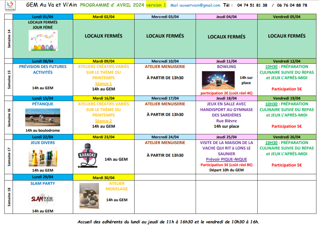 Planning avril 2024 - Gem Au va et Viain