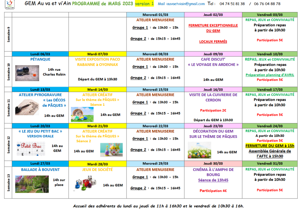 Planning mars 2023 - Gem Au va et Viain