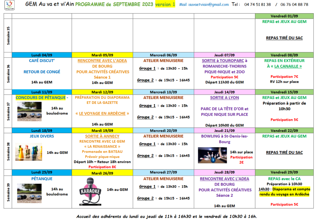 Planning Septembre 2023 - Gem Au va et Viain