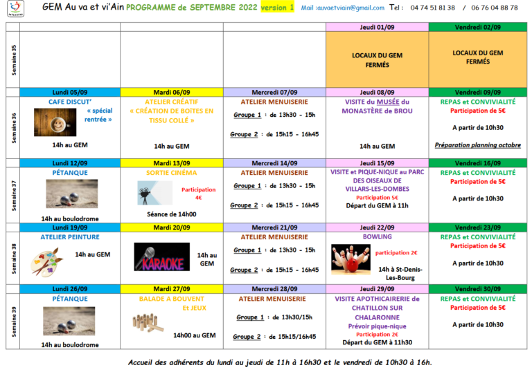 Planning Septembre 2022 - Gem Au va et Viain