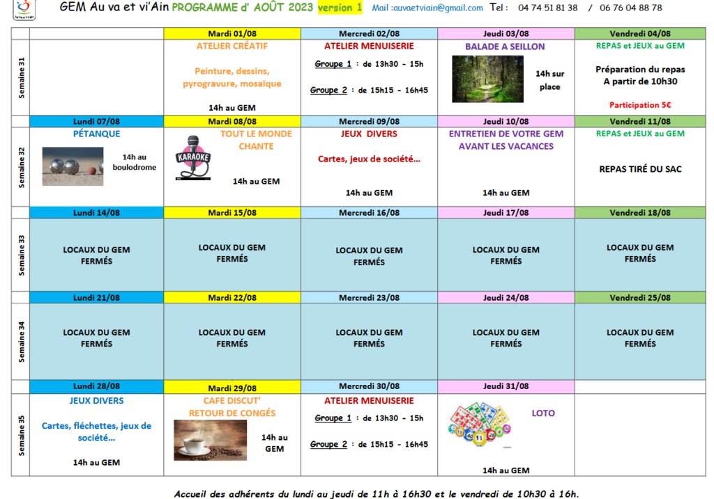 Planning Août 2023 - Gem Au va et Viain