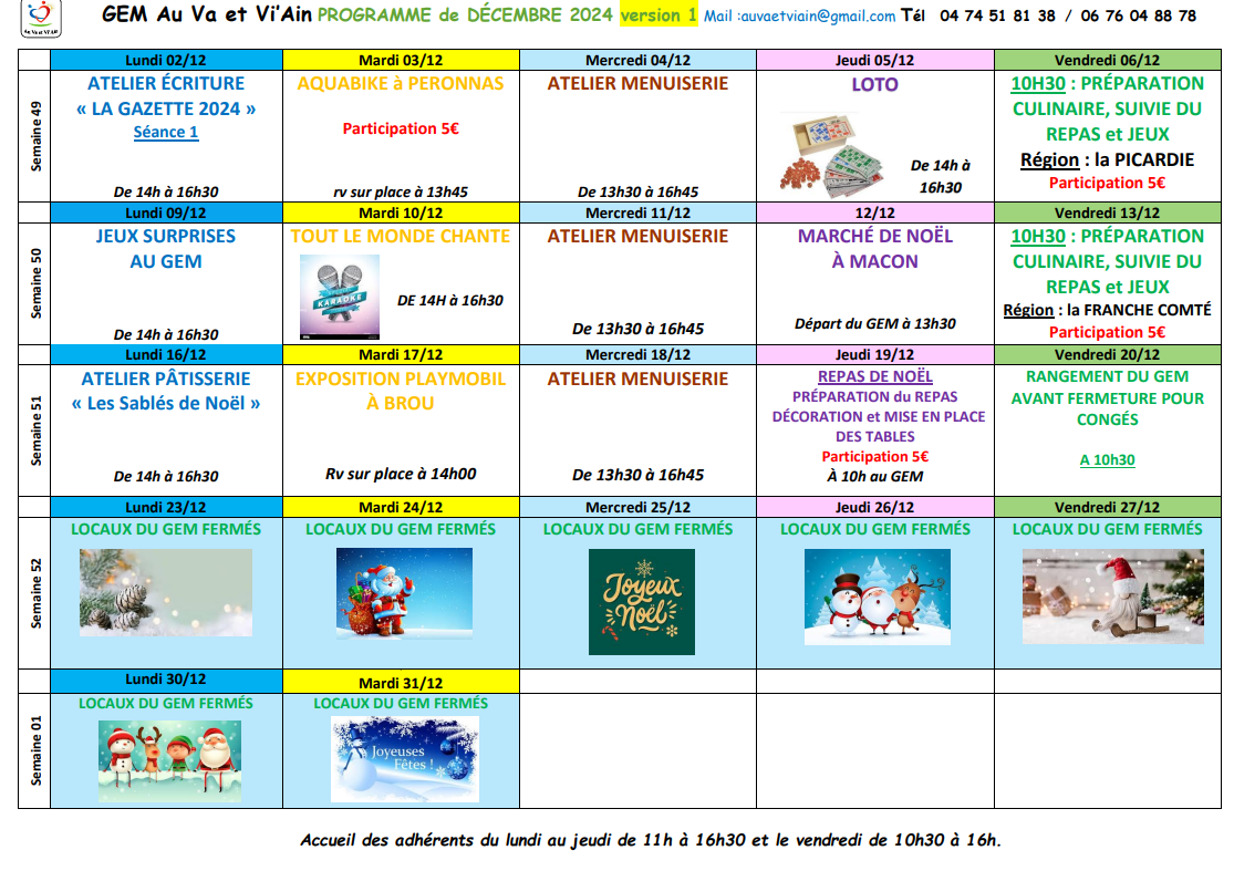 Planning décembre 2024