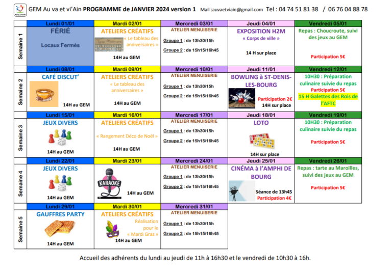 Planning janvier 2024 - Gem Au va et Viain